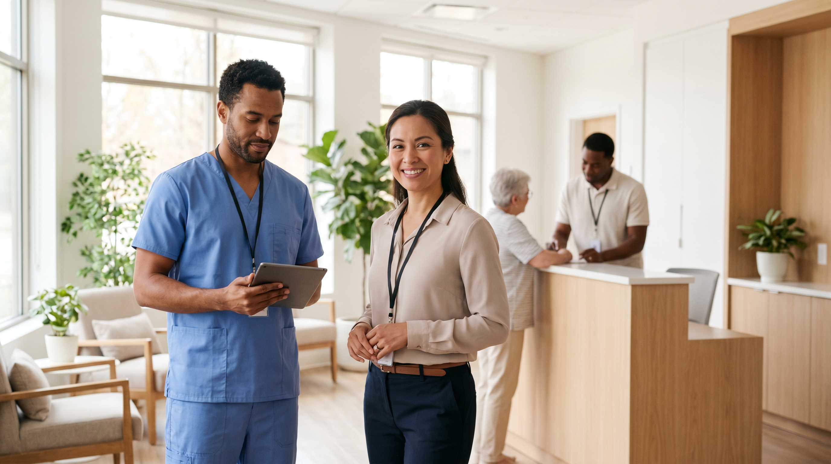 Healthcare team coordinating credentials, scheduling, and intake in a modern facility